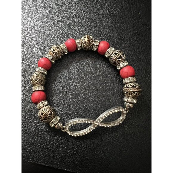 Silver Gold & Red Beaded Stretchy Bracelet with Sparkly Infinity Charm - Picture 2 of 6